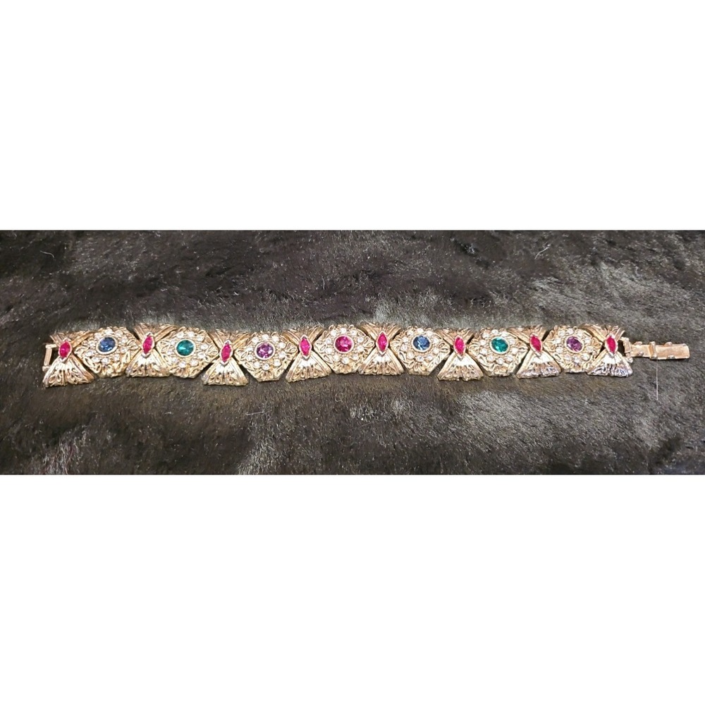 Beautiful Vintage Costume Bracelet Emeralds, Rubys, Amethyst, Rhinestones